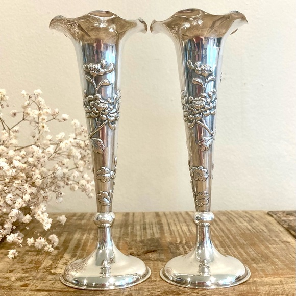 Vintage Other - Vintage Repousse Silver Wang Hing Chinese Bud Vase Pair Chrysanthemum Flowers
